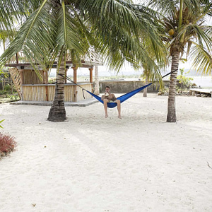 hammock strapped between trees on the beach